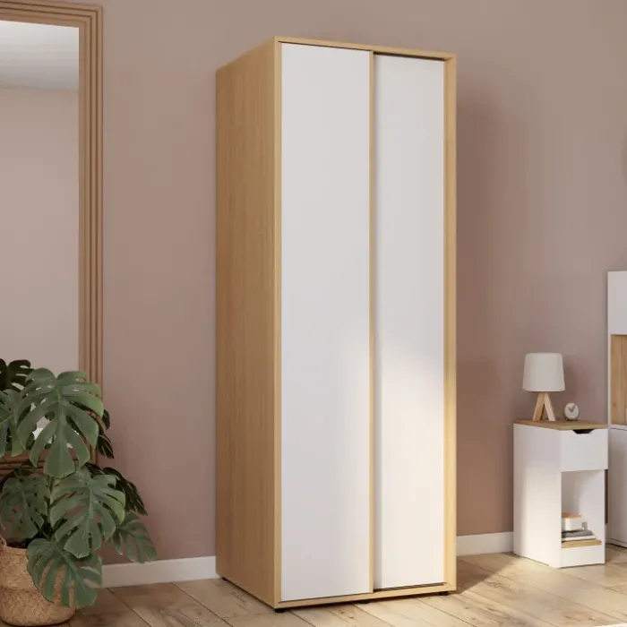 Armoire 2 portes coulissantes SLIDEA bois et blanc 60 cm penderie avec étagère