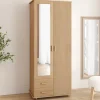 Armoire 2 portes effet lattes tasseau bois penderie 80 cm avec 2 tiroirs, miroir et étagères