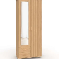 Armoire 2 portes effet lattes tasseau bois penderie 80 cm avec 2 tiroirs, miroir et étagères