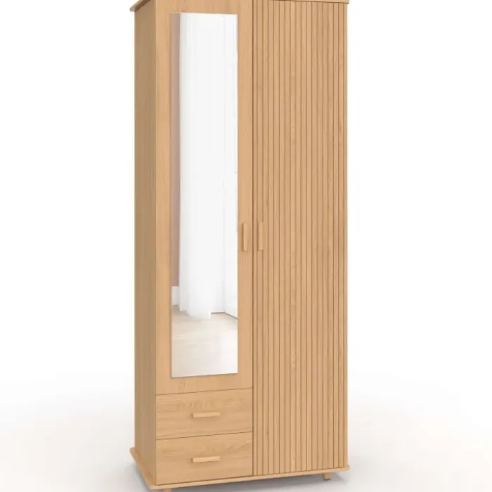 Armoire 2 portes effet lattes tasseau bois penderie 80 cm avec 2 tiroirs, miroir et étagères