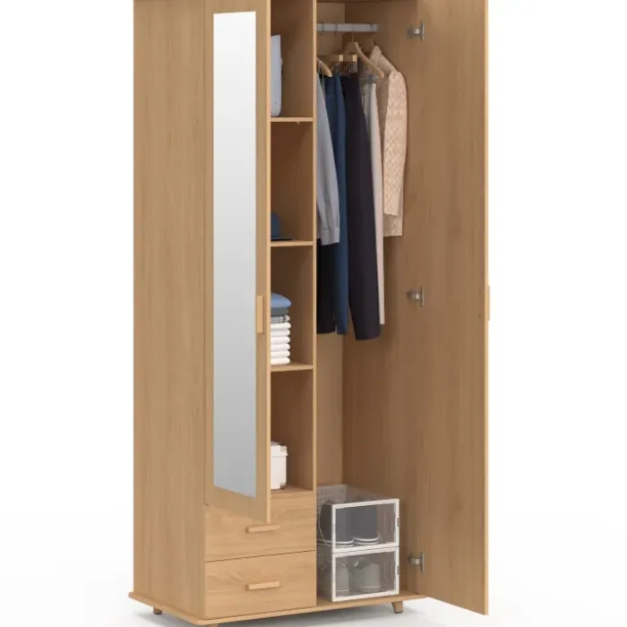 Armoire 2 portes effet lattes tasseau bois penderie 80 cm avec 2 tiroirs, miroir et étagères