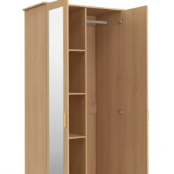 Armoire 2 portes effet lattes tasseau bois penderie 80 cm avec 2 tiroirs, miroir et étagères