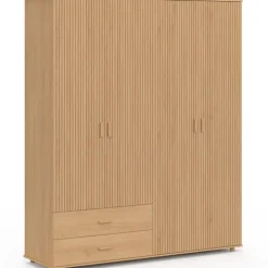 Armoire 4 portes effet lattes tasseau bois coloris chêne penderie 160 cm avec 2 tiroirs et étagères