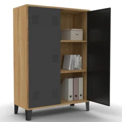Armoire basse industrielle 2 portes métal noir et contour bois