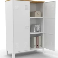 Armoire basse industrielle 2 portes métal noir et plateau bois