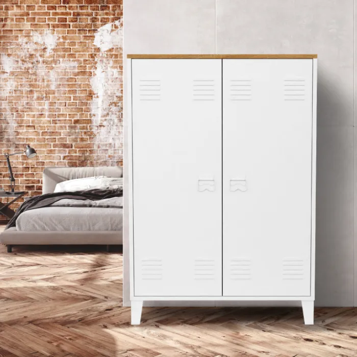 Armoire basse industrielle 2 portes métal noir et plateau bois
