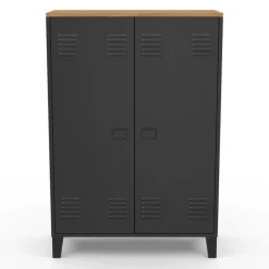 Armoire basse industrielle 2 portes métal noir et plateau bois