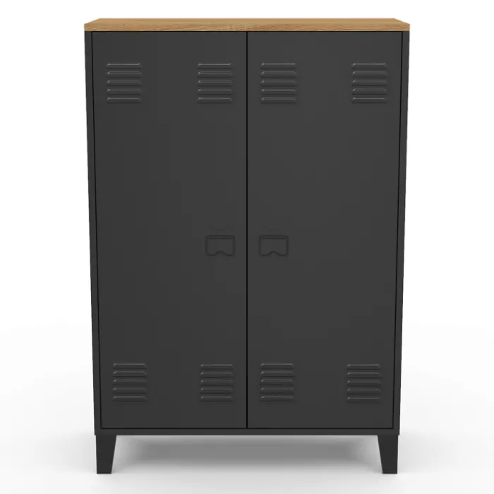 Armoire basse industrielle 2 portes métal noir et plateau bois