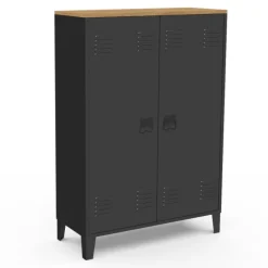 Armoire basse industrielle 2 portes métal noir et plateau bois