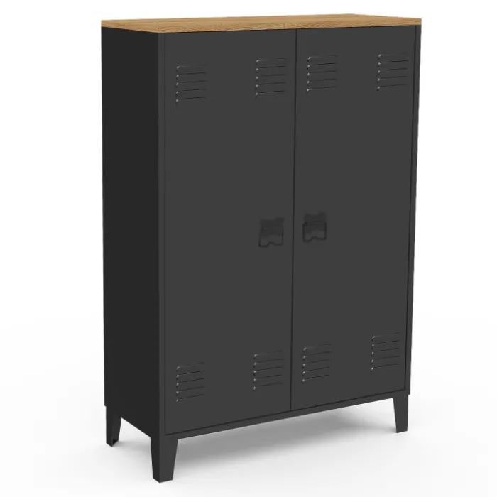 Armoire basse industrielle 2 portes métal noir et plateau bois