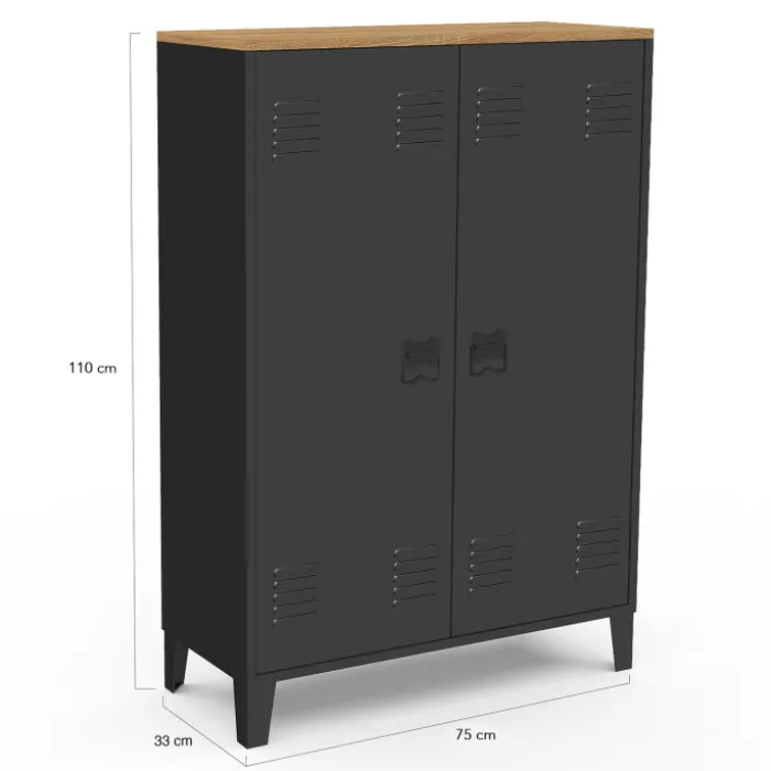 Armoire basse industrielle 2 portes métal noir et plateau bois