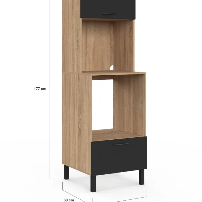 Armoire colonne de cuisine four/micro-ondes 60 cm CINA 2 portes noir et façon hêtre