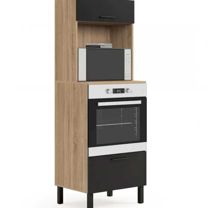 Armoire colonne de cuisine four/micro-ondes 60 cm CINA 2 portes noir et façon hêtre