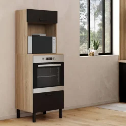 Armoire colonne de cuisine four/micro-ondes 60 cm CINA 2 portes noir et façon hêtre