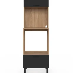Armoire colonne de cuisine four/micro-ondes 60 cm CINA 2 portes noir et façon hêtre