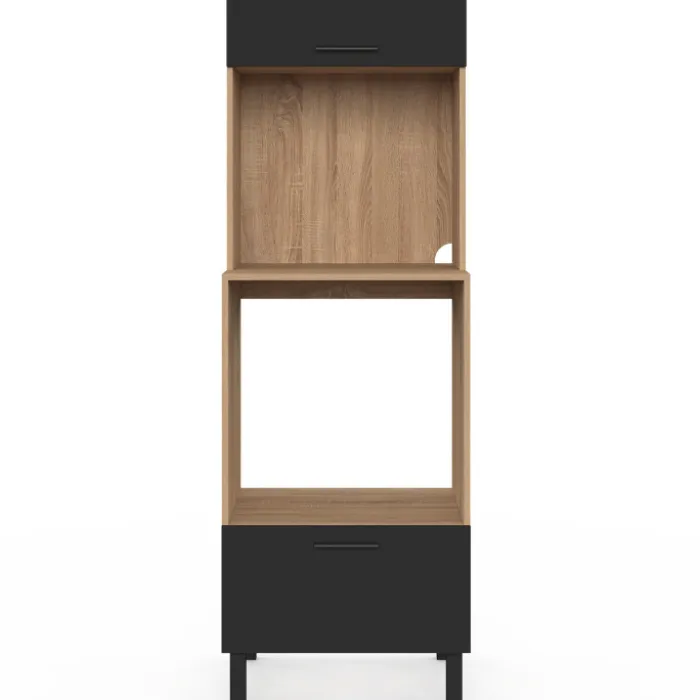Armoire colonne de cuisine four/micro-ondes 60 cm CINA 2 portes noir et façon hêtre