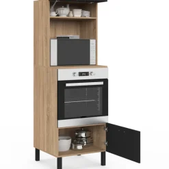 Armoire colonne de cuisine four/micro-ondes 60 cm CINA 2 portes noir et façon hêtre