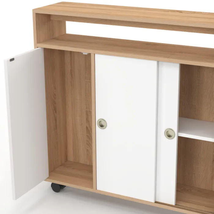 Armoire d'appoint meuble de rangement à roulettes salle de bain structure hêtre plateau blanc