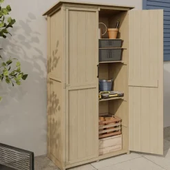 Armoire de jardin en bois 90x50x160 cm avec toit incliné double porte et étagères