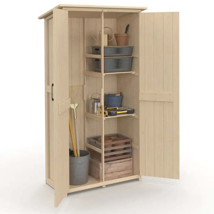Armoire de jardin en bois 90x50x160 cm avec toit incliné double porte et étagères