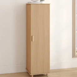 Armoire de rangement 1 porte 3 étagères effet lattes tasseau bois coloris chêne