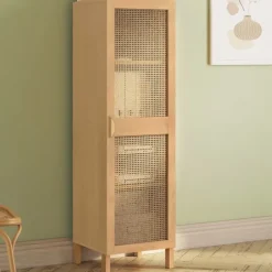 Armoire de rangement 1 porte 3 étagères bois et cannage
