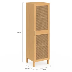 Armoire de rangement 1 porte 3 étagères bois et cannage
