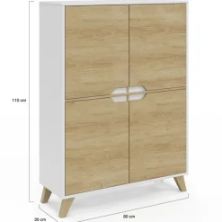 Armoire de rangement scandinave avec 4 portes blanc et bois