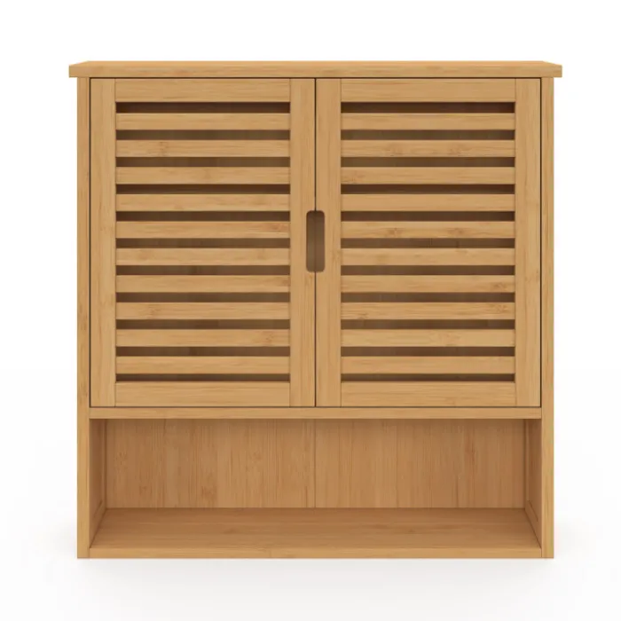 Armoire de salle de bain murale en bambou 2 portes et étagère