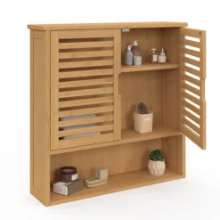 Armoire de salle de bain murale en bambou 2 portes et étagère