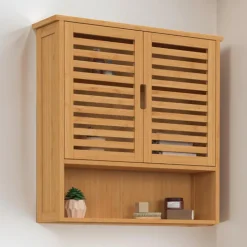 Armoire de salle de bain murale en bambou 2 portes et étagère