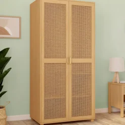 Armoire dressing de 80 cm avec 2 portes en cannage et une penderie avec étagères