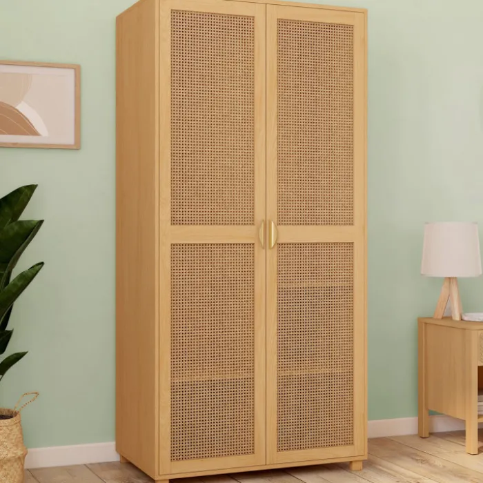 Armoire dressing de 80 cm avec 2 portes en cannage et une penderie avec étagères