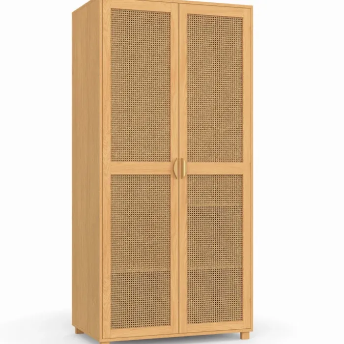 Armoire dressing de 80 cm avec 2 portes en cannage et une penderie avec étagères