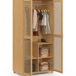 Armoire dressing de 80 cm avec 2 portes en cannage et une penderie avec étagères