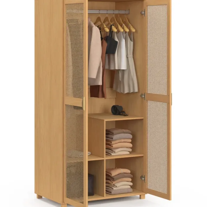 Armoire dressing de 80 cm avec 2 portes en cannage et une penderie avec étagères