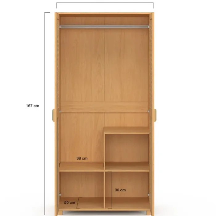 Armoire dressing de 80 cm avec 2 portes en cannage et une penderie avec étagères
