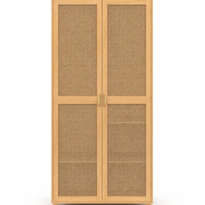 Armoire dressing de 80 cm avec 2 portes en cannage et une penderie avec étagères