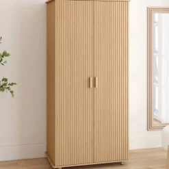 Armoire penderie 2 portes et étagères en lattes tasseau bois coloris chêne 80 cm