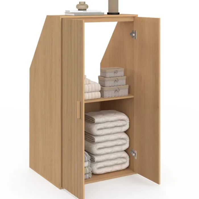 Armoire sous pente 2 portes 60 x 50 x 70/110 cm effet lattes tasseau bois coloris chêne