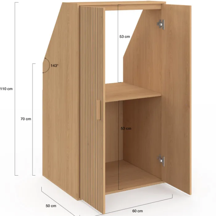 Armoire sous pente 2 portes 60 x 50 x 70/110 cm effet lattes tasseau bois coloris chêne