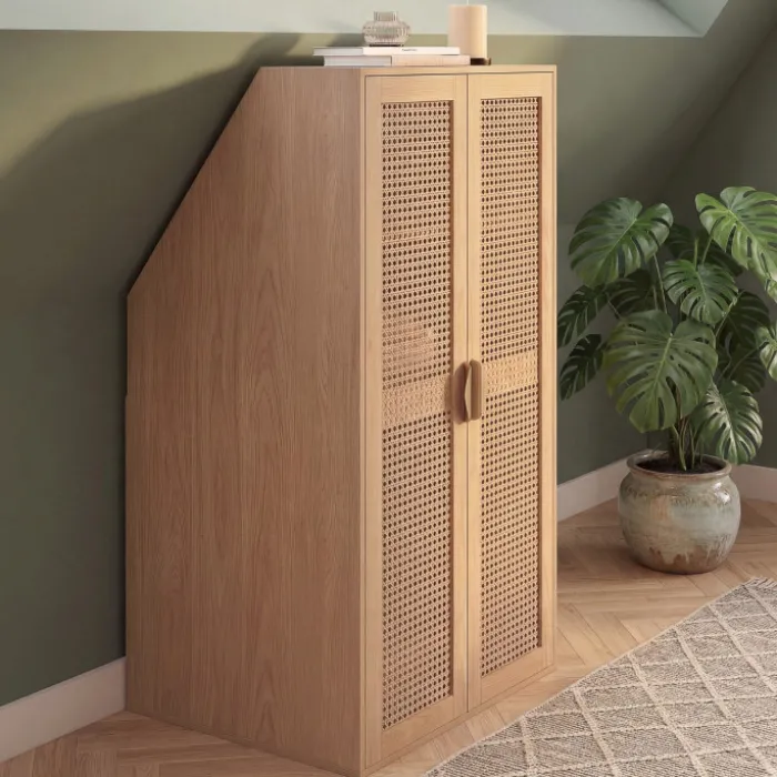 Armoire sous pente 2 portes 60 x 50 x 70/110 cm bois et cannage