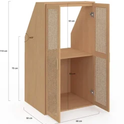 Armoire sous pente 2 portes 60 x 50 x 70/110 cm bois et cannage