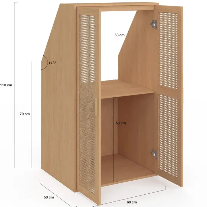 Armoire sous pente 2 portes 60 x 50 x 70/110 cm bois et cannage