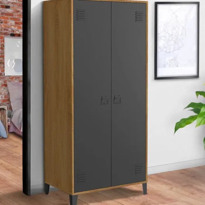 Armoire vestiaire penderie métal noir et bois avec 2 portes