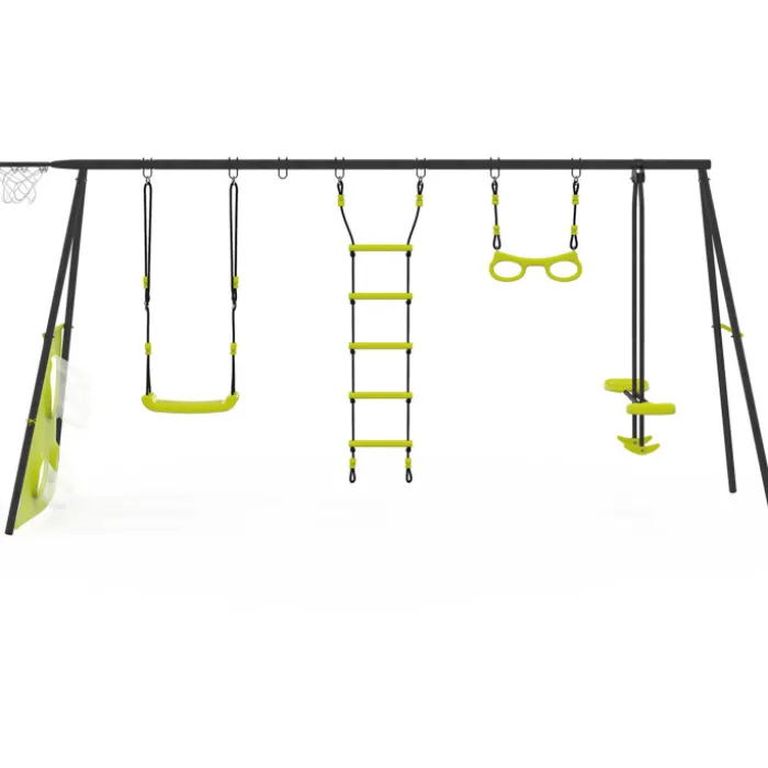 Balançoire 4 portiques pour jardin avec panier de basket et but de foot