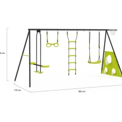 Balançoire 4 portiques pour jardin avec panier de basket et but de foot