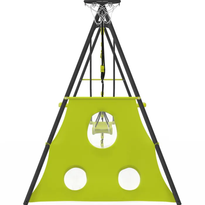 Balançoire 4 portiques pour jardin avec panier de basket et but de foot