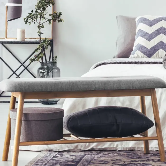 Banc bambou tissu gris style scandinave