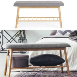 Banc bambou tissu gris style scandinave